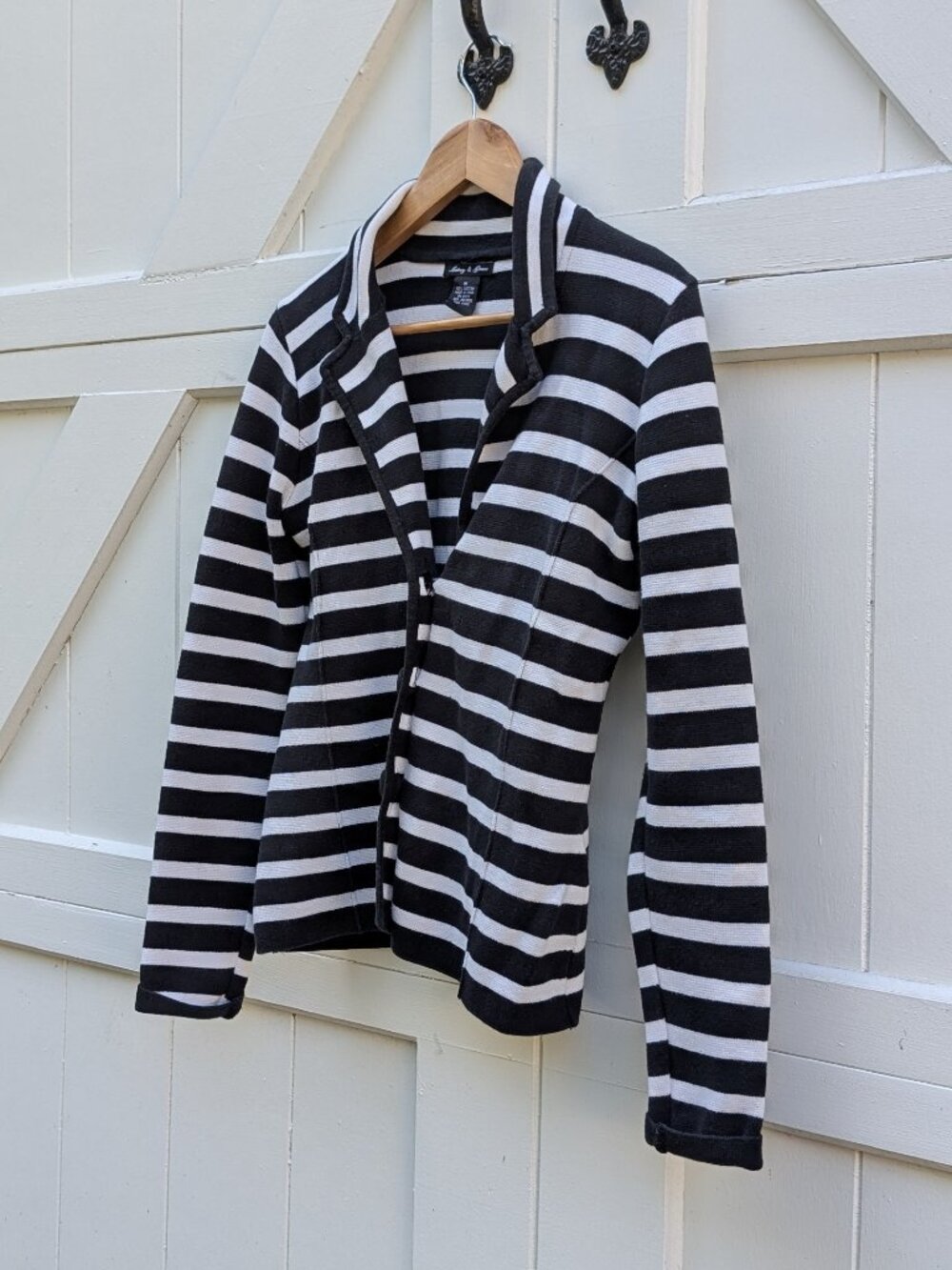 Audrey & Grace Black White Striped 100% Cotton Knit Cardigan Jacket Blazer M
